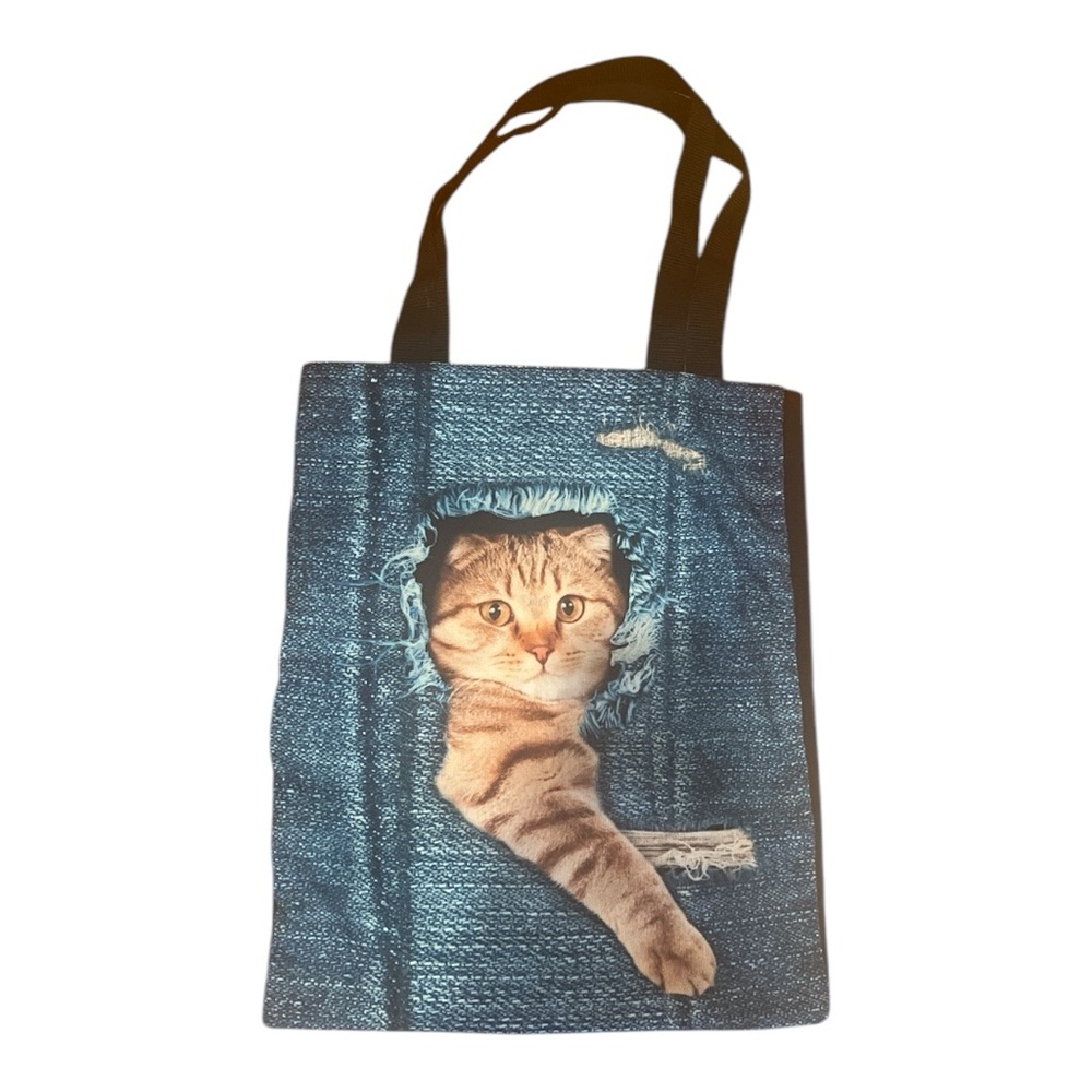 Cat Tote Bag with Blue Denim Design